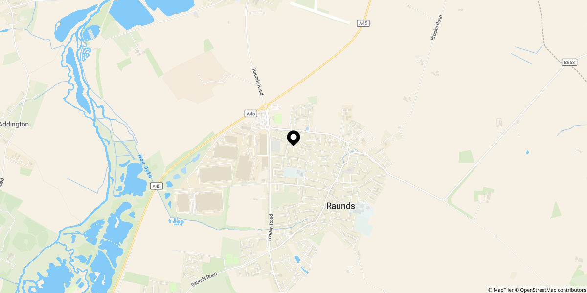 Approximate location of St. Crispins Way, Raunds, NN9 6SD